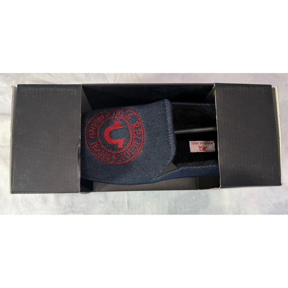 True Religion Men’s Denim Slippers Medium Blue Red Logo New With Box